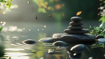 Calm Reflection of Stacked Stones in Tranquil Water photo