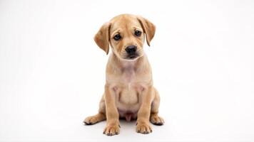 Adorable golden puppy sitting on a clean, white background photo