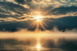 Stunning Sunrise Over Calm Water with Flock of Birds in Flight photo