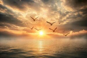 Majestic Sunrise Over Tranquil Waters with Soaring Birds photo