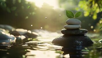 Tranquil Zen Stone Stack with Floating Leaves in Calm Water photo