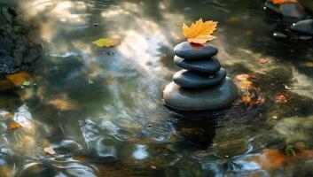 Tranquil Zen Garden with Stacked Stones and Autumn Leaves on Water Surface photo