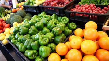Colorful Display of Fresh Vegetables and Fruits at a Market Stall photo