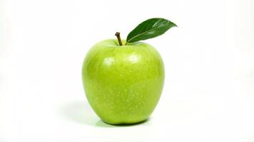 Fresh Green Apple with Leaf on a White Background photo