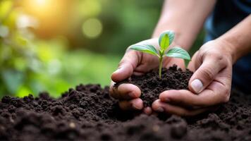 Nurturing a Young Plant in Rich Soil with Tender Hands Under Natural Light photo