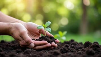 Hands Nurturing a Young Plant in Rich Soil Under Soft Sunlight photo