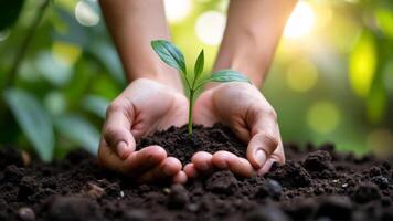 Hands Cradling a Young Plant in Rich Soil Under Natural Light photo