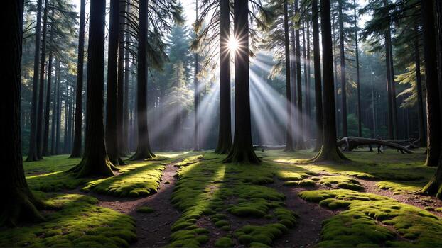 Golden Sunlight Streaming Through Tall Trees in a Tranquil Forest photo