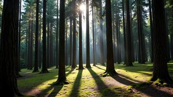 Serene Forest With Sunlight Filtering Through Majestic Trees photo