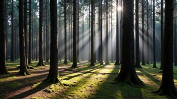 Sunlight Filtering Through Tall Trees in a Serene Forest photo
