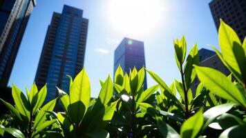 Lush Greenery Against Modern Urban Skyline Under Bright Sunlight photo
