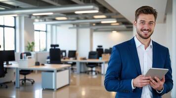 Confident businessman with tablet in modern office workspace photo