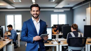 Confident businessman in blue suit working in a modern office environment photo