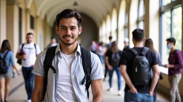 Confident Student Smiling in University Corridor Surrounded by Classmates photo
