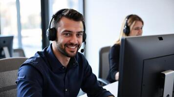 Happy Customer Support Agent Assisting Clients in Modern Office Environment photo