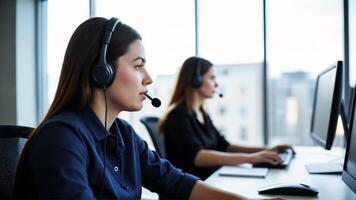 Professional women working in a modern office environment with headsets photo