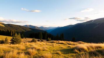 Breathtaking Mountain Valley at Sunset with Golden Grasses and Pine Trees photo