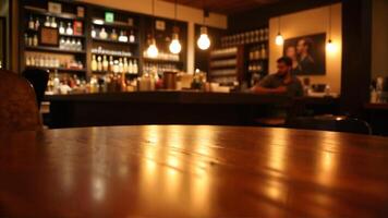 Cozy Bar Atmosphere with Soft Lighting and Wooden Table photo