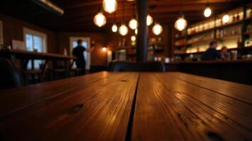 Cozy cafe interior featuring wooden tables and warm lighting ambiance photo