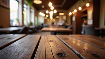 Cozy cafe with atmosphere of warm wooden tables and soft lighting photo