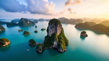 Serene Landscape with Turquoise Waters and Lush Islands during Sunset photo