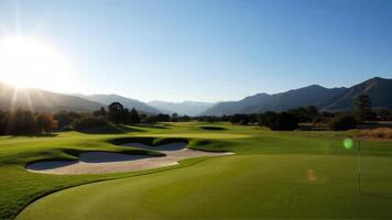 Tranquil Golf Course at Sunrise with Majestic Mountains in Background photo