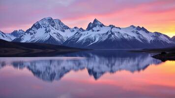 Stunning alpine landscape with snow-capped mountains and serene lake at sunset photo