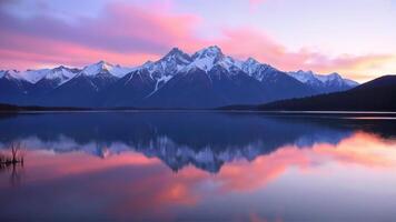 Majestic Mountains Reflecting on a Calm Lake at Sunrise photo