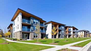 Modern Apartments with Balconies and Lush Landscaping in Clear Blue Sky photo