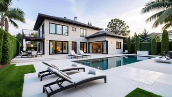 Luxurious Modern Home with Pool and Lush Backyard Oasis photo