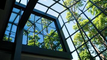 Modern Glass Structure with Reflection of Lush Green Trees Under a Clear Sky photo