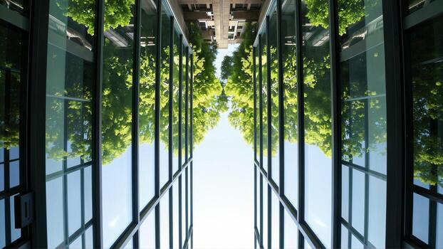 Modern Architecture Showcasing Reflections of Greenery photo