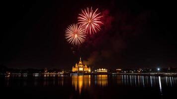 Spectacular Fireworks Display over a Majestic Castle at Night photo