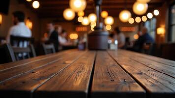 Cozy Restaurant Atmosphere with Warm Lighting and Wooden Table photo