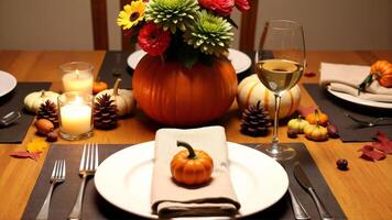 Charming Fall Table Setting with Pumpkin Centerpiece and Candles photo