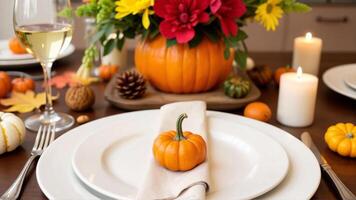 Festive Autumn Table Setting with Pumpkins and Floral Accents photo