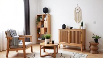 Stylish Scandinavian Living Room with Natural Wood Furniture and Plants photo
