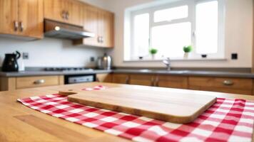 Cozy Kitchen with Wooden Cabinetry and Checkered Tablecloth photo
