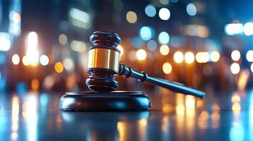 The setting features a gavel on a wooden block, representing authority and the judicial process, illuminated by city lights in the background, emphasizing justice. photo