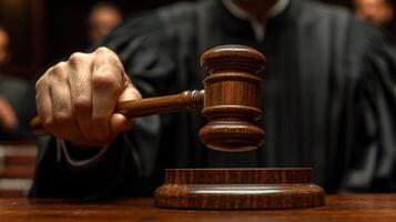 A judge strikes the gavel decisively in a courtroom, symbolizing a final verdict. The atmosphere is tense, reflecting the weight of the moment for those present. photo