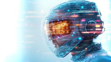 In a futuristic court setting, AI systems analyze data while a person in a high-tech helmet observes the proceedings. photo