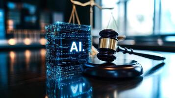 In a modern courtroom, a gavel sits next to a glowing block labeled AI, symbolizing the blend of technology and justice in legal matters. photo