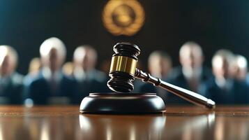 A gavel rests prominently on a desk in a courtroom, while a jury of serious observers listens attentively, highlighting the gravity of justice. photo