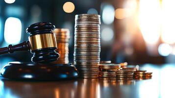 A gavel stands beside a stack of coins, symbolizing the intersection of law and finance in a modern courtroom setting, as justice is served in the digital age. photo