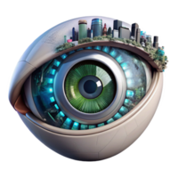elegant traditional A close-up of a cyborg eye, intricate mechanical parts interwoven with organic tissue, reflecting a holographic cityscape. Lighting sharp, focused. Style biopunk high quality png