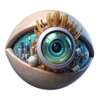 stunning rustic A close-up of a cyborg eye, intricate mechanical parts interwoven with organic tissue, reflecting a holographic cityscape. Lighting sharp, focused. Style biopunk 4K png