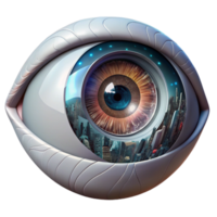 magnificent modern A close-up of a cyborg eye, intricate mechanical parts interwoven with organic tissue, reflecting a holographic cityscape. Lighting sharp, focused. Style biopunk exclusive png