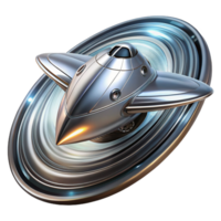 elegant artistic A sleek, chrome spaceship with intricate engravings, speeding through a wormhole, leaving trails of swirling energy. Lighting dramatic, high-contrast. Style photorealistic premium png