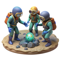 impressive vintage A group of explorers in advanced diving suits discovering an ancient alien artifact on the ocean floor. Lighting underwater, mysterious. Style photorealistic authentic png