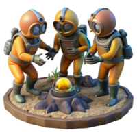 beautiful modern A group of explorers in advanced diving suits discovering an ancient alien artifact on the ocean floor. Lighting underwater, mysterious. Style photorealistic high quality png
